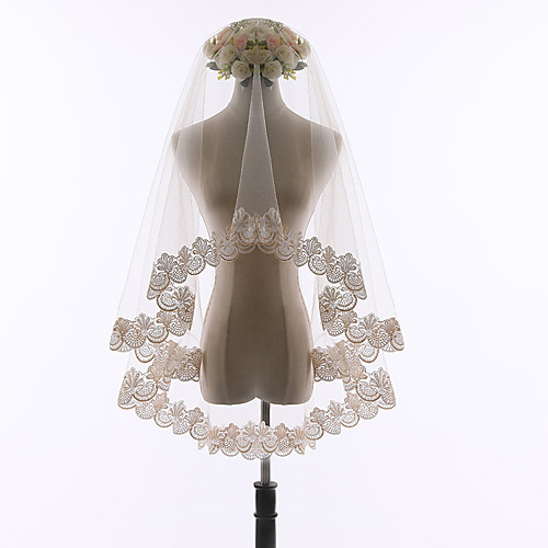 

One-tier Antique / Lace Wedding Veil Fingertip Veils with Fringe / Trim 64.96 in (165cm) Tulle / Drop Veil