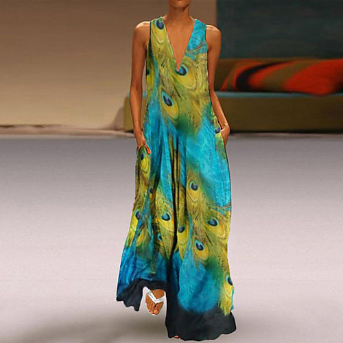 

Women's Plus Size Maxi Sheath Dress - Sleeveless Geometric Spring & Summer V Neck Basic Vintage Slim 2020 Royal Blue Light Blue S M L XL XXL XXXL XXXXL XXXXXL