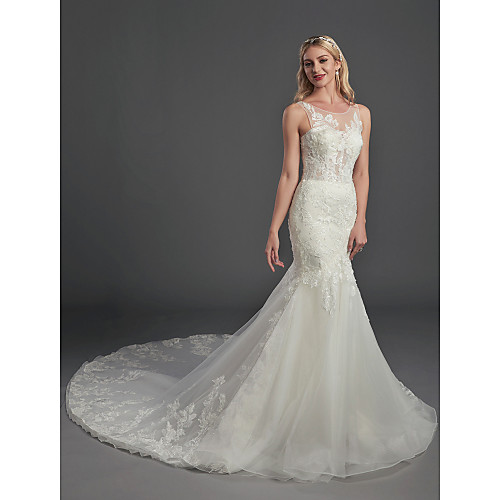 

Mermaid / Trumpet Wedding Dresses Jewel Neck Chapel Train Lace Tulle Short Sleeve See-Through with Lace Appliques 2021