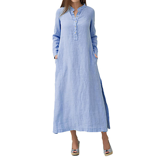 

Women's A Line Dress Maxi long Dress White Blue Long Sleeve Solid Colored Split V Neck Basic Streetwear Cotton S M L XL XXL 3XL 4XL 5XL 6XL / Plus Size
