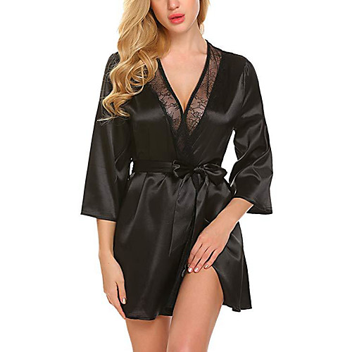 

Women's Lace Sexy Robes / Satin & Silk Nightwear Solid Colored / Jacquard Black Wine White S M L