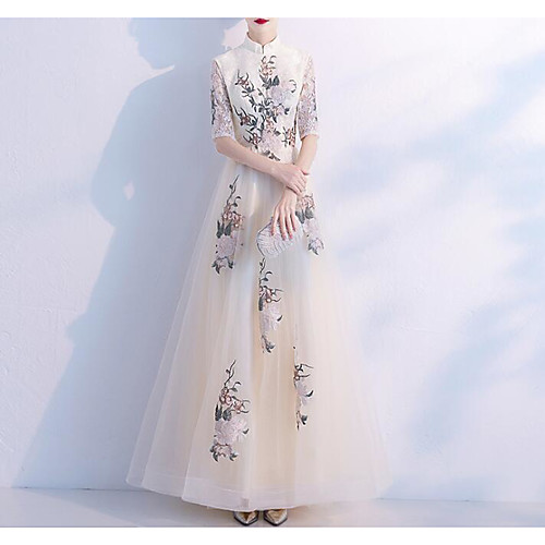 

A-Line Chinese Style White Engagement Formal Evening Dress High Neck Half Sleeve Floor Length Lace Tulle with Embroidery Appliques 2021