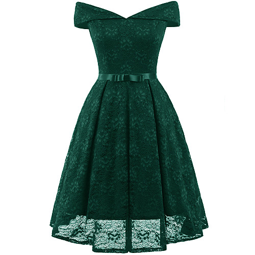 

A-Line Hot Wedding Guest Cocktail Party Dress Off Shoulder Short Sleeve Short / Mini Lace with Bow(s) Pleats 2021