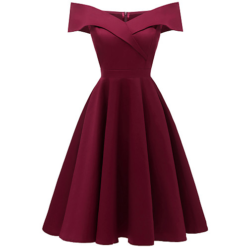 

A-Line Hot Red Homecoming Cocktail Party Dress Off Shoulder Short Sleeve Knee Length Stretch Satin Cotton with Pleats 2020