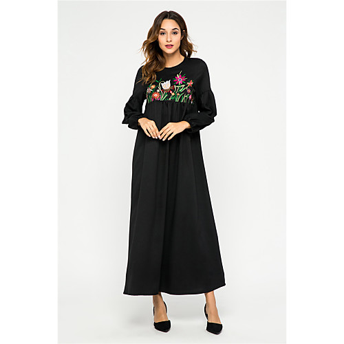 

Women's A Line Dress Maxi long Dress Black Long Sleeve Floral Ruched Patchwork Spring Round Neck Elegant Lantern Sleeve 2021 M L XL XXL