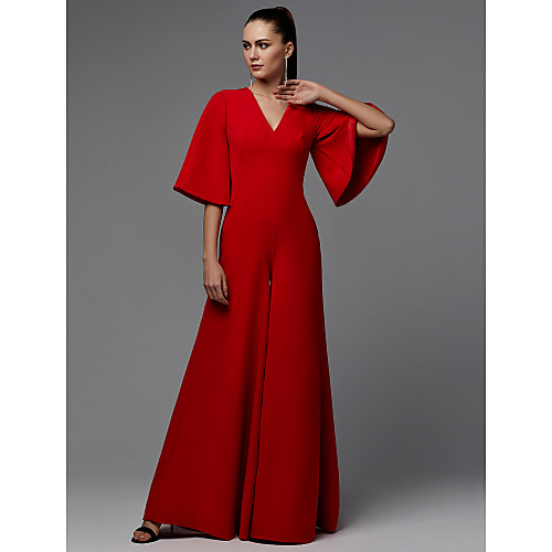 

Jumpsuits Minimalist Engagement Formal Evening Dress V Neck Half Sleeve Floor Length Satin with Pleats 2021