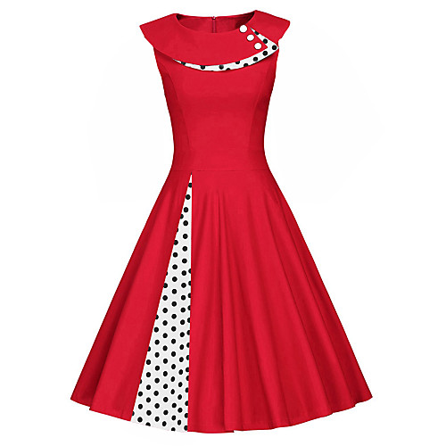 

Women's Swing Dress Midi Dress - Sleeveless Polka Dot Solid Colored Patchwork Vintage Slim Black Red Navy Blue S M L XL XXL