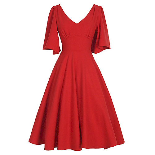 

Women's Plus Size Swing Dress Midi Dress - Short Sleeve Solid Colored Ruched V Neck Vintage Slim Red Navy Blue L XL XXL XXXL XXXXL XXXXXL