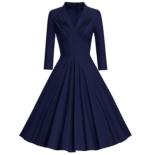 

Women's Swing Dress Cotton Midi Dress - Long Sleeve Solid Colored Ruched Deep V Vintage Cotton Slim Black Red Navy Blue S M L XL XXL