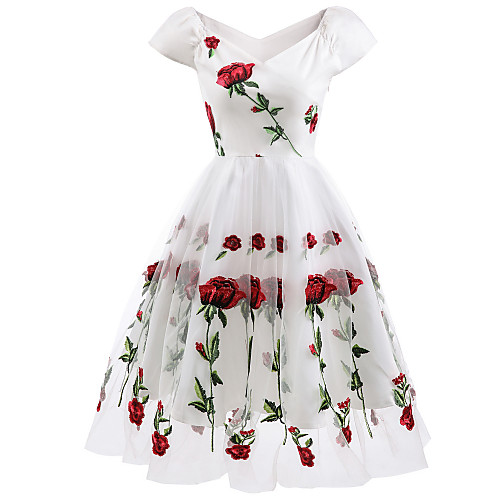 

A-Line Floral White Holiday Cocktail Party Dress Off Shoulder Short Sleeve Knee Length Organza Stretch Satin with Embroidery Appliques 2020