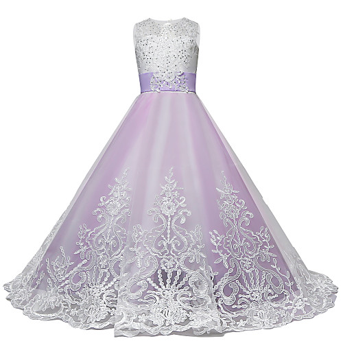 

Princess Maxi Wedding / Birthday / Pageant Flower Girl Dresses - Lace / Tulle Sleeveless Jewel Neck with Lace / Bow(s) / Paillette