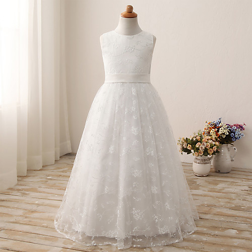 

Ball Gown Long Length Wedding / First Communion / Birthday Flower Girl Dresses - Tulle / Cotton Sleeveless Jewel Neck with Embroidery / Solid