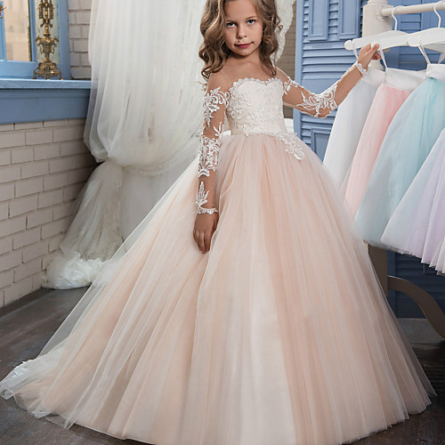 

Ball Gown Sweep / Brush Train Wedding / Birthday / Pageant Flower Girl Dresses - Lace / Tulle Long Sleeve Off Shoulder with Lace / Embroidery / Appliques