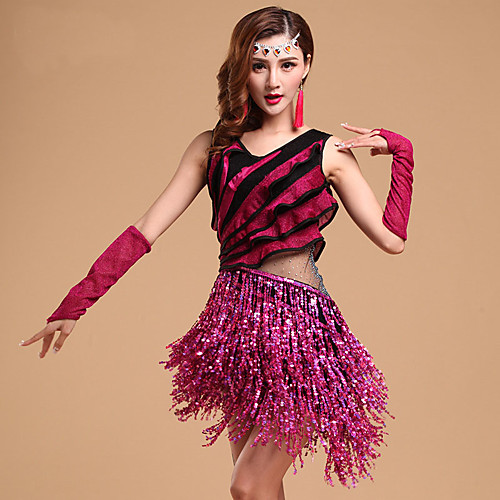 

Latin Dance Dress Glitter Tassel Cascading Ruffles Women's Training Performance Sleeveless Modal