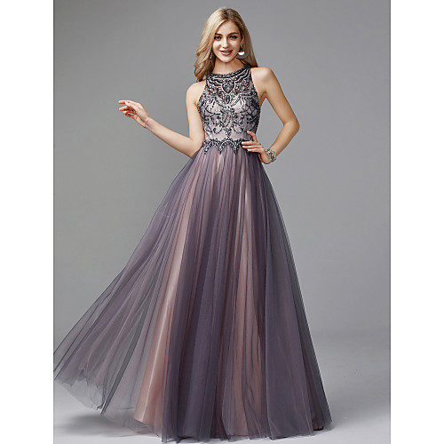 

A-Line Luxurious Grey Prom Formal Evening Dress Halter Neck Sleeveless Floor Length Tulle with Crystals Beading 2020