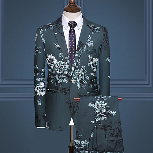 

White / Black / Army Green Floral Regular Fit Rayon / Polyester Men's Suit - Notch lapel collar