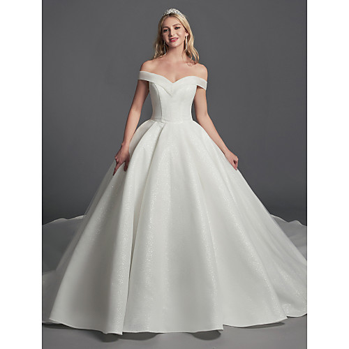 

Ball Gown Wedding Dresses Off Shoulder Sweep / Brush Train Organza Satin Sleeveless Glamorous Plus Size with Draping 2021