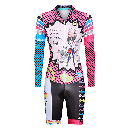 

Malciklo Women's Long Sleeve Triathlon Tri Suit Winter Lycra Pink Dot Rainbow Cartoon Bike UV Resistant Breathable Quick Dry Moisture Wicking Reflective Strips Sports Dot Mountain Bike MTB Triathlon