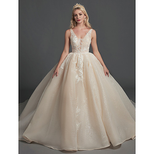

Ball Gown Wedding Dresses V Neck Floor Length Lace Organza Regular Straps Glamorous Sparkle & Shine with Lace Beading 2021