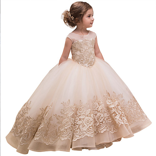 

Princess Sweep / Brush Train Wedding / Birthday / Pageant Flower Girl Dresses - Lace / Tulle / Cotton Sleeveless Jewel Neck with Lace / Bow(s) / Embroidery