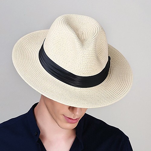 

Men's 1930s Linen Polyester Straw Floppy Hat Straw Hat-Solid Colored All Seasons Black Beige Khaki