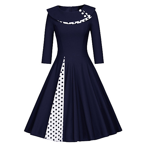 

Women's Swing Dress Cotton Midi Dress - Long Sleeve Solid Colored Patchwork Vintage Cotton Slim Black Navy Blue S M L XL XXL