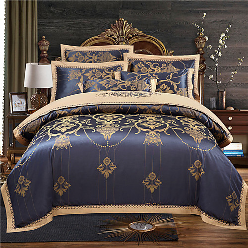 

Duvet Cover Sets 4 Piece Cotton Stripes / Ripples Dark Blue Jacquard Luxury Bedding Set With Pillowcase Bed Linen Sheet Single Double Queen King Size Quilt Covers Bedclothes