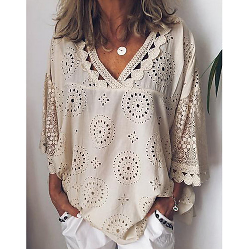 

Women's Plus Size Solid Colored Lace Loose Shirt Casual / Daily V Neck White / Blue / Purple / Yellow / Blushing Pink / Beige
