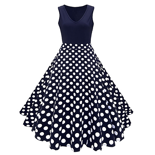 

Audrey Hepburn Country Girl Polka Dots Retro Vintage 1950s Wasp-Waisted Rockabilly Summer Dress Masquerade Women's Cotton Costume Ink Blue Vintage Cosplay Party Daily Festival Sleeveless