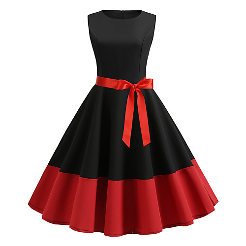 

Women's A Line Dress Knee Length Dress Black Red Sleeveless Patchwork Round Neck Hot Vintage S M L XL XXL