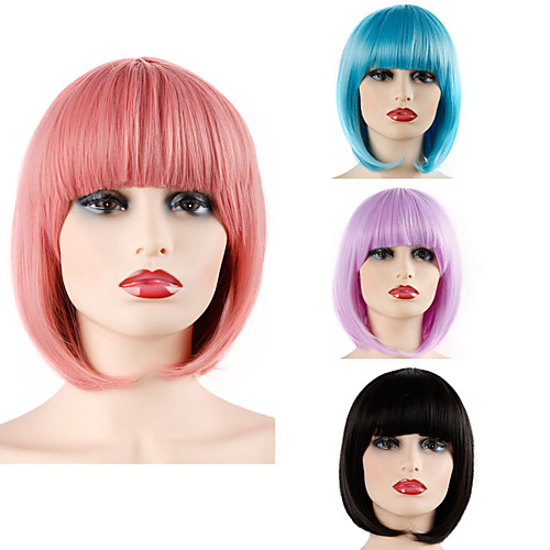 

Synthetic Wig Straight Bob Neat Bang Wig Pink Short Pink Blue Bright Purple Jet Black Synthetic Hair 12 inch Women's Party Adorable Best Quality Pink Laflare