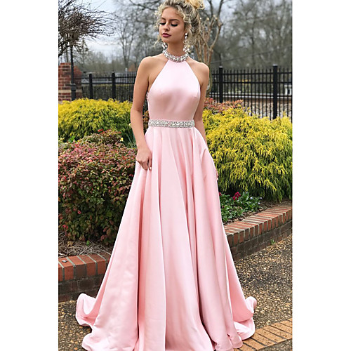 

A-Line Elegant & Luxurious Sparkle & Shine Prom Dress Halter Neck Sleeveless Sweep / Brush Train Satin with Crystals 2021