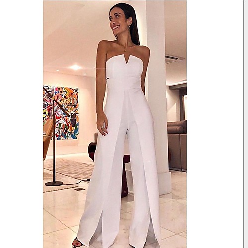 

Women's White Wide Leg Slim Jumpsuit Onesie, Solid Colored Split / Fashion / Off Shoulder S M L Spring Summer Fall / Winter