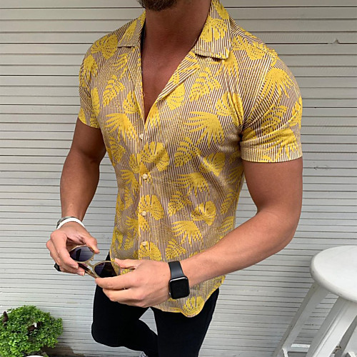 

Men's Trees / Leaves Slim Shirt Black / Yellow / Orange / Green / Short Sleeve