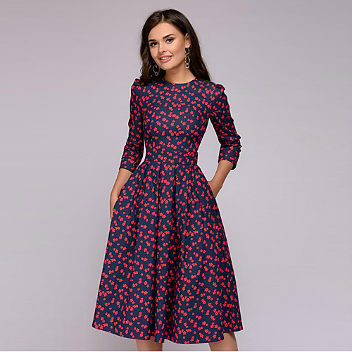 

Women's A Line Dress Knee Length Dress Wine Red Purple / Blue White Red Blushing Pink Navy Blue 3/4 Length Sleeve Print Ruched Patchwork Print Fall Round Neck Elegant Sexy Slim 2021 S M L XL XXL 3XL