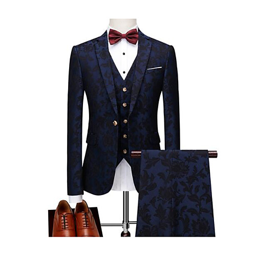

Dark Navy Patterned Tailored Fit Polyester Suit - Notch Single Breasted One-button / Suits