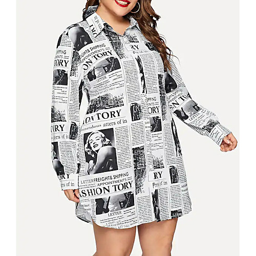 

Women's Plus Size Shirt Dress - Long Sleeve Geometric Print Shirt Collar Street chic White XL XXL XXXL XXXXL