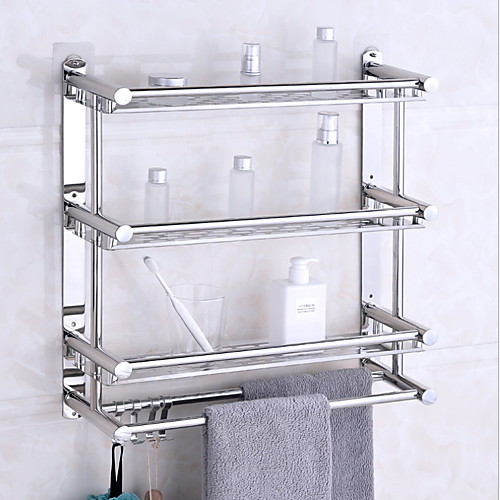 

Bathroom Shelves Stainless Steel Bathroom Rack Wall-mounted Three-tier Bathroom Corner Rack with 4 Hooks