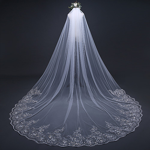 

One-tier Luxury / Lace Applique Edge Wedding Veil Cathedral Veils with Sequin / Appliques 118.11 in (300cm) Lace / Tulle / Oval