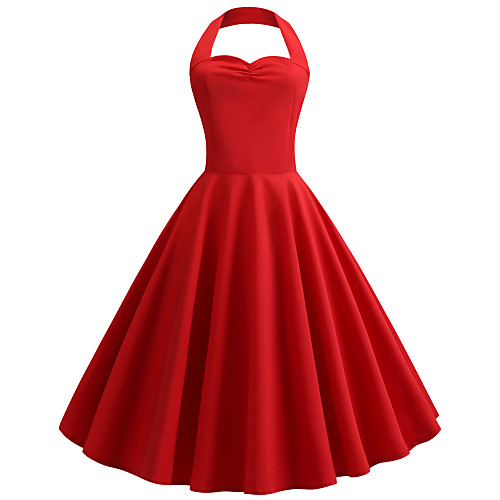 

Women's A-Line Dress Midi Dress - Sleeveless Solid Colored Ruched Pleated Halter Neck V Neck Vintage Street chic Slim White Black Red Navy Blue S M L XL XXL