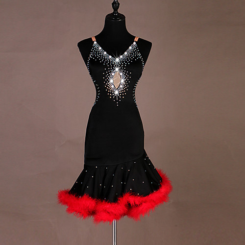 

Latin Dance Dress Feathers / Fur Beading Split Joint Women's Training Performance Sleeveless High Spandex Tulle