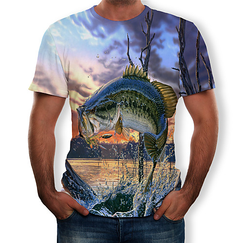 

Men's Plus Size Graphic Scenery Print T-shirt Street chic Exaggerated Daily Holiday Round Neck Light Blue / Summer / Short Sleeve / Animal