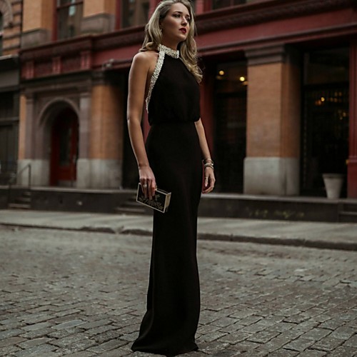

Sheath / Column Elegant Black Holiday Formal Evening Dress Halter Neck Sleeveless Floor Length Jersey with Beading 2020