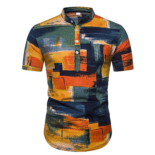 

Men's Color Block Graphic Shirt - Linen Basic Vintage Daily Going out Standing Collar Rainbow / Short Sleeve
