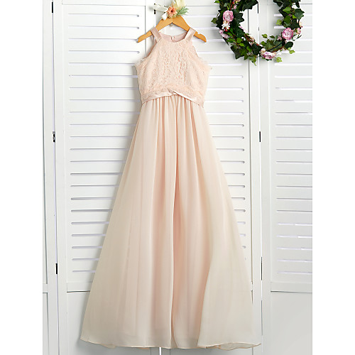 

A-Line Crew Neck Floor Length Chiffon / Lace Junior Bridesmaid Dress with Lace / Sash / Ribbon
