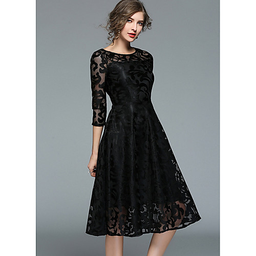 

A-Line Elegant Black Wedding Guest Cocktail Party Dress Jewel Neck Half Sleeve Knee Length Lace with Pleats Lace Insert 2020