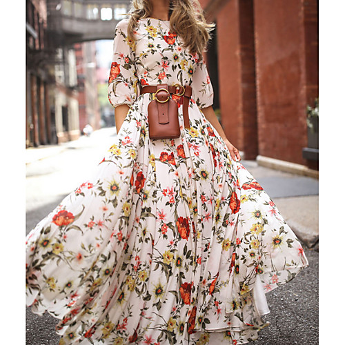 

Women's Floral Long Maxi White Dress With Sleeve 2020 Ruffle Casual Spring Holiday Vacation Swing Flower Lantern Sleeve Flared Print S M