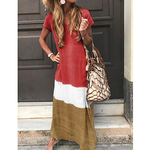 

Women's Maxi long Dress - Short Sleeve Color Block Print Summer V Neck Casual Vacation Beach 2020 Red Yellow Green Navy Blue Gray S M L XL XXL XXXL XXXXL XXXXXL