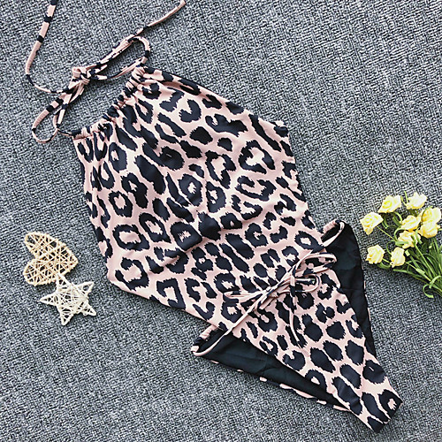 

Women's Basic Boho Halter Cheeky One-piece Swimwear Swimsuit - Leopard Solid Colored Lace up S M L White Black Fuchsia Brown