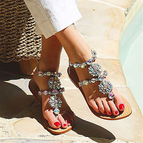 

Women's Sandals Flat Sandal Comfort Shoes Tropezienne Sandals Summer Flat Heel Open Toe Sweet Boho Daily Beach Rhinestone Solid Colored Faux Leather Walking Shoes Dark Grey / Black / White / White